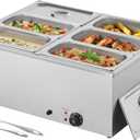VEVOR Commercial Food Warmer, 1500W Electric Stainless Steel Steam Food Warmer with Lid, 6-Pan Fast Heating Countertop Buffet Bain Marie with Soup & Perforated Ladles, for Catering, Restaurant, Party