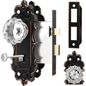 Antique Door Knobs Interior Mortise Lock Oil Rubbed Bronze Door Knob Crystal Glass Door Handle Vintage Skeleton Key Door Locks for Bedrooms Bathroom