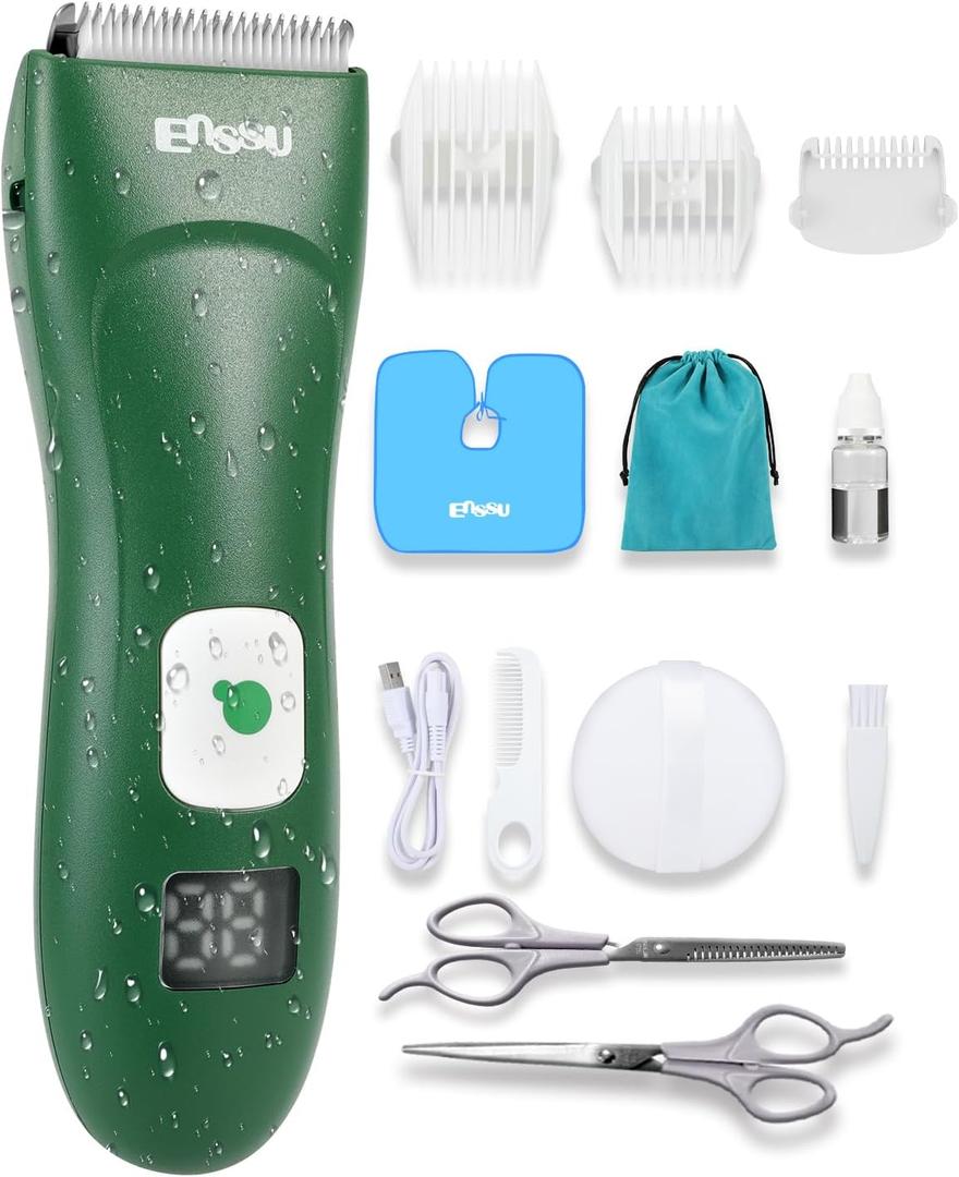 Baby Hair Clippers, Cordless Hair Clipper for Kids with LED Display, Baby Hair Cutting Kit with Skin-Safe Blade, Waterproof Hair Trimmer for Children/Toddler, Rechargeable& an Hour Quick Charger (Deep Green)