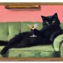 Funny Black Cat Martini Wall Art, Bar Cart Decor, Eclectic Cocktail Painting Canvas Print, Cute Animal Artwork Picture for Bedroom Living Room Kitchen 16x24 inch Wood Framed