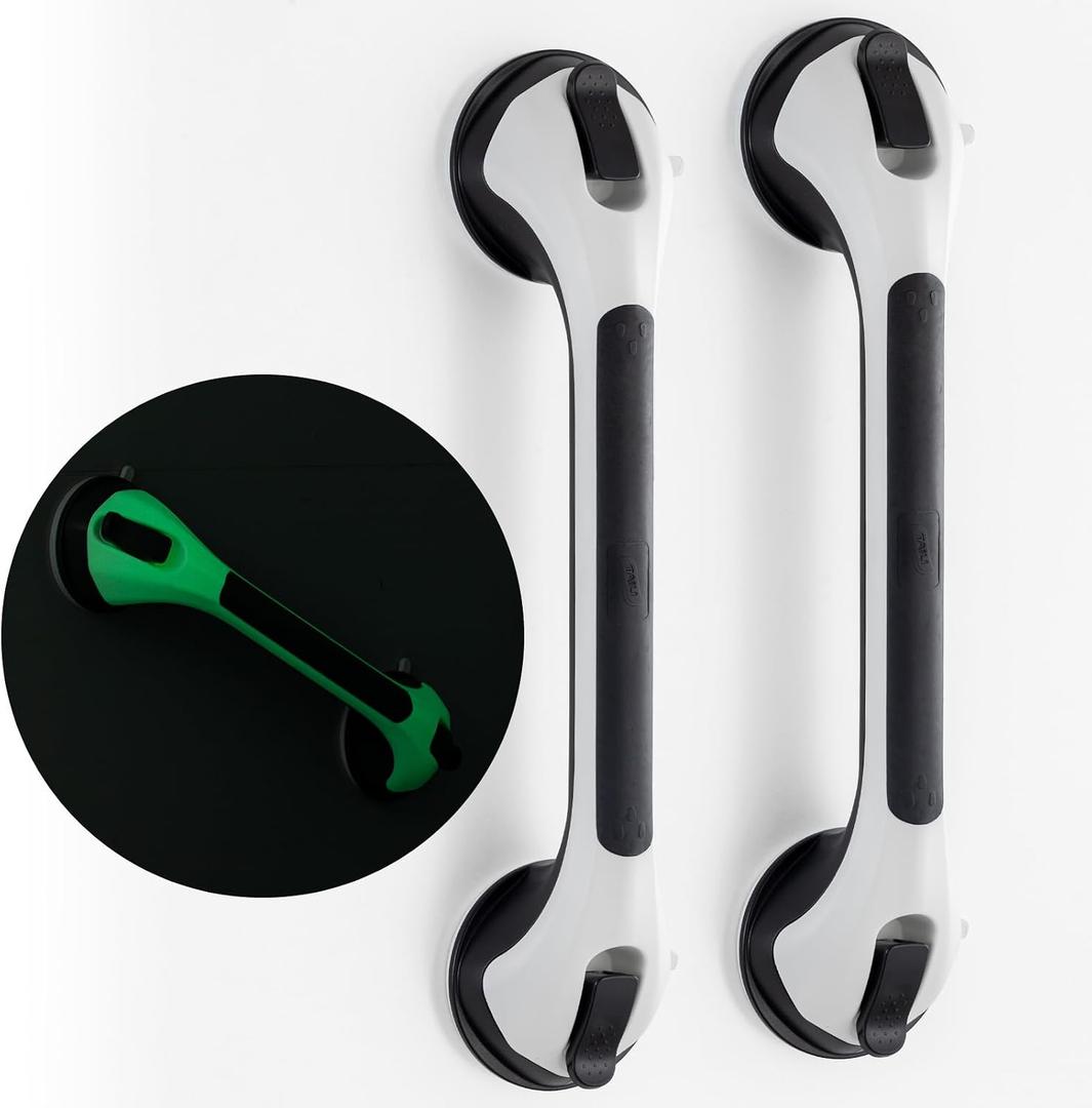 TAILI Shower Grab Bar Glow in The Dark, 2 Pack 16.8 in Grab Bars for Bathtubs and Showers, Shower Handle Shower Rail for Seniors and Elderly,Bathroom Safety Grip Removable No Drilling Waterproof Black,16.8", Black& Glow Green 
