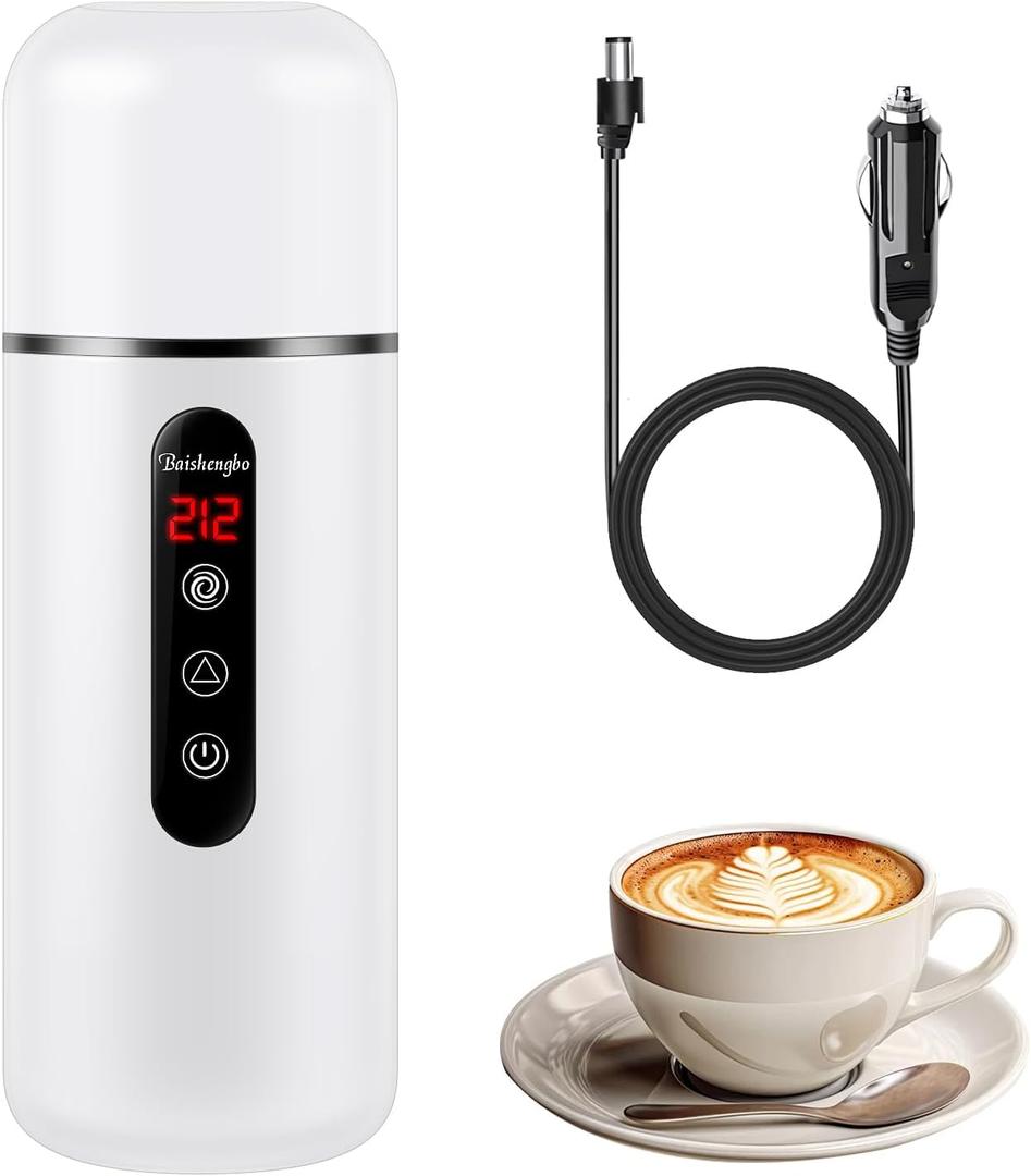 Car Kettle, Portable Electric Travel Kettle, 12V/24V Car Coffee Warmer,420ML Hot Water Heater with Built-in Magnetic Induction Stirring,Mini Hot Water Boiler for Tea Coffee Milk (White)