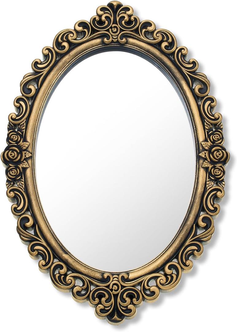 Beeveer 1 Style Vintage Mirrors Set Decorative Oval Wall Mirror Small Antique Mirrored Tray Decorative Hanging Mirror for Bathroom Bedroom Jewelry Organizer Victorian Decor (Oval,Antique Gold)