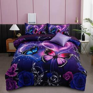 A Nice Night Galaxy 6pcs Bed in A Bag Purple and Blue Dreamy 3D Butterfly Printed, Butterflies Bedding Twin Comforter Set, for Girls Kids Teens