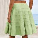 Cicy Bell Women Summer Pleated Skirts Boho Layered Tiered Knee Length Skirt | Low Rise, Flowy, Beach, Vacation Outfits, Trendy, Solid Color (Green, S)