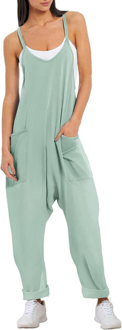 Ekouaer Womens Sleeveless Jumpsuit Loose Spaghetti Strap Baggy Overalls Jumpers Casual Long Pants Rompers with Pockets 2025 (S, Sage)