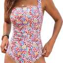 YIMISAN Women's One Piece Swimsuit Square Neck Sporty Ruched Slimming Monokini High Cut Tummy Control Bathing Suit (M)