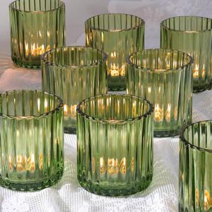 Green Large Votive Candle Holder Set of 8, Tea Lights Candle Holders for Wedding Table Centerpieces, Boho Decor, Home Dinner Birthday Party Decor, Bridal Shower and Holiday Decorations