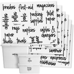 Talented Kitchen 136 Garage Labels for Storage Bins - Preprinted Black Script on Clear Household Storage Labels for Organizing Totes, Containers, and Boxes (Water Resistant) (Varies)