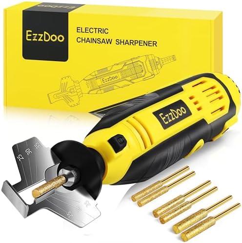 EzzDoo Electric Chainsaw Sharpener Kit with TITANIUM-COATED Diamond Bits - High-Speed Chain saw Sharpener Tool and 6 High Hardness Sharpening Wheels For All Chainsaw Chains.