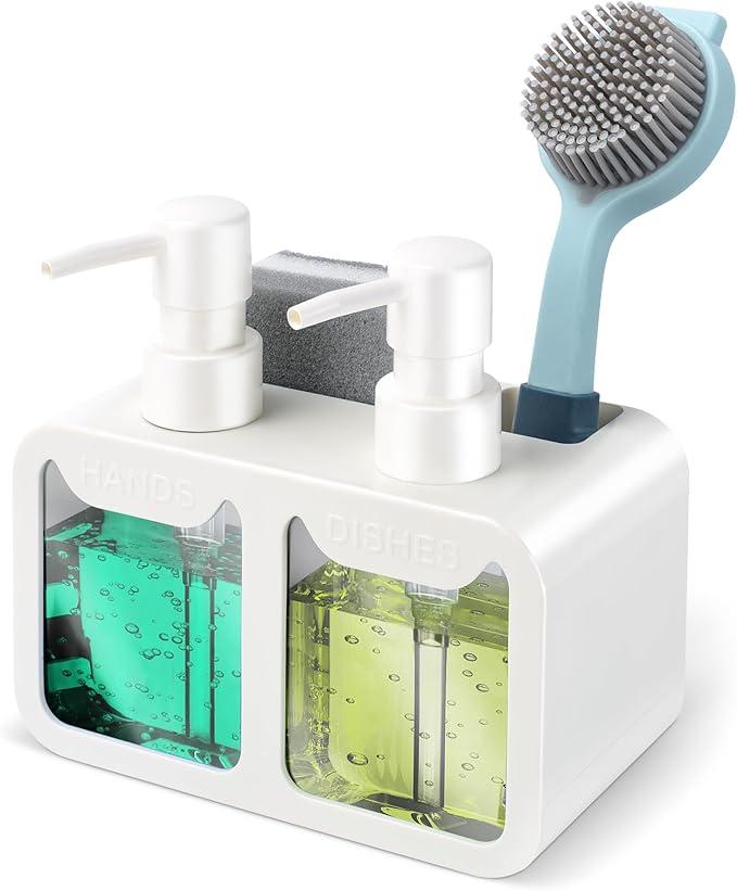 Kitchen Soap Dispenser Set, with Hand and Dish Soap, Sponge Caddy and Brush Holder 4in1 Kitchen Dual Soap Dispenser Set for Kitchen Sink, Bathroom  White