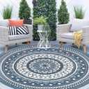 Cekene Round Outdoor Patio Rugs 8Ft Waterproof Reversible Outdoor Rugs with Carry Bags Lightweight Plastic Straw Rugs Portable RV Camping Mat Blue Floor Carpet for Deck Porch Picnic BBQ