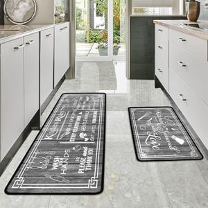 Kitchen Rug Sets of 2 Piece Non Slip Kitchen Rugs and Mats Washable Kitchen Mats for Floor Kitchen Carpet Runner Rugs Decor for Laundry Bathroom Living Room,Grey Kitchen Rules 20"x 59"+20"x 32"
