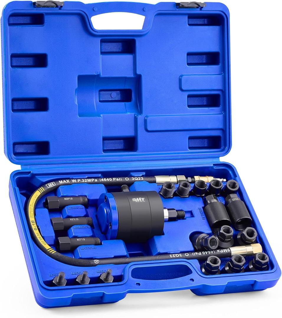 Orion Motor Tech Pneumatic Injector Puller Set for Diesel Engines, 23 pcs 5-8 Bar Air Vibration Injector Removal Tool Kit with Extractor Hammer, 19 Adapters, Extension Hose, and EU US Connectors