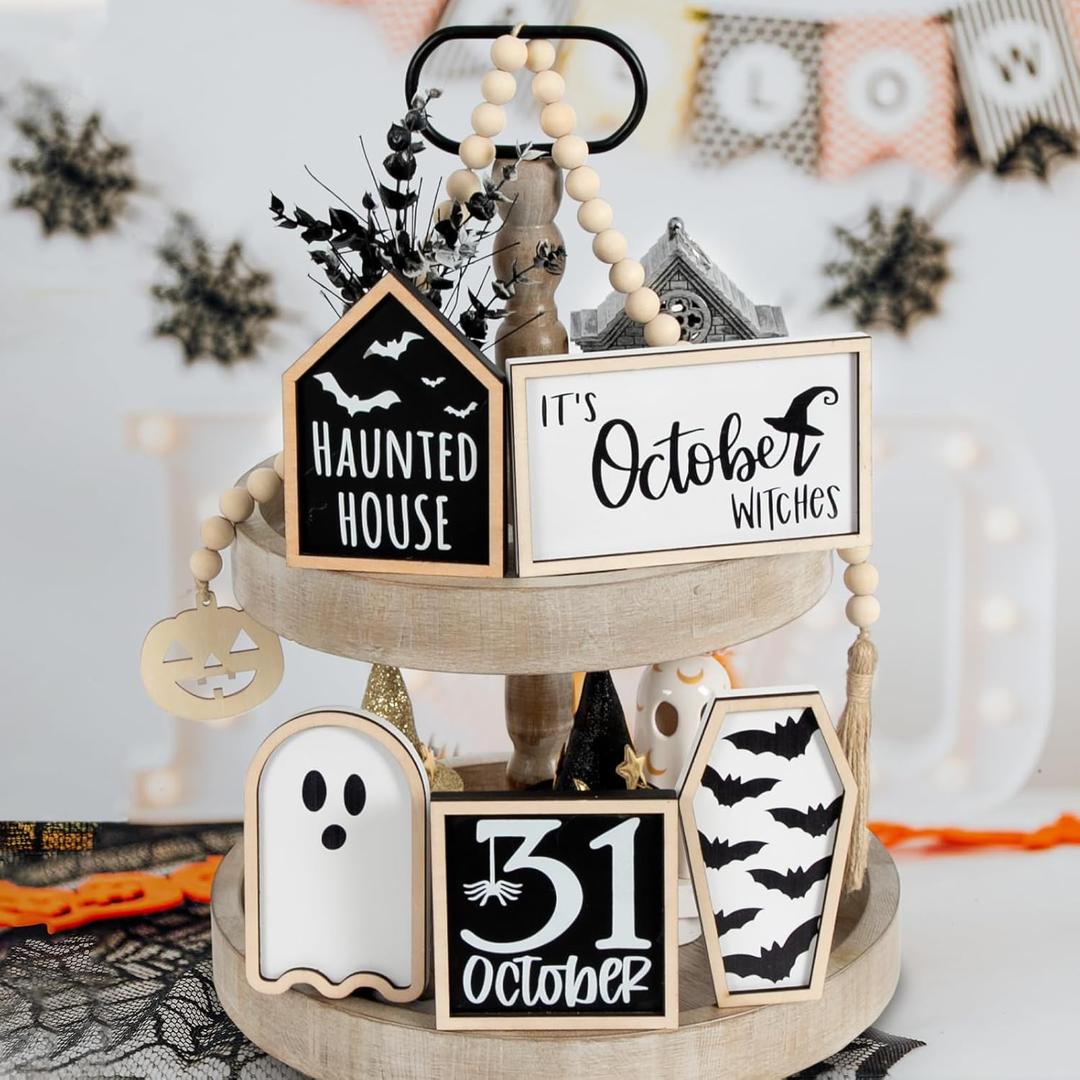 DAZONGE Halloween Decorations | 6PCS Halloween Tiered Tray Decor | Bat Coffin, Haunted House, Ghost, Witches, October 31 Sign, Bead Garland | Halloween Decor | Halloween Centerpiece for Table Shelf (Black&White)