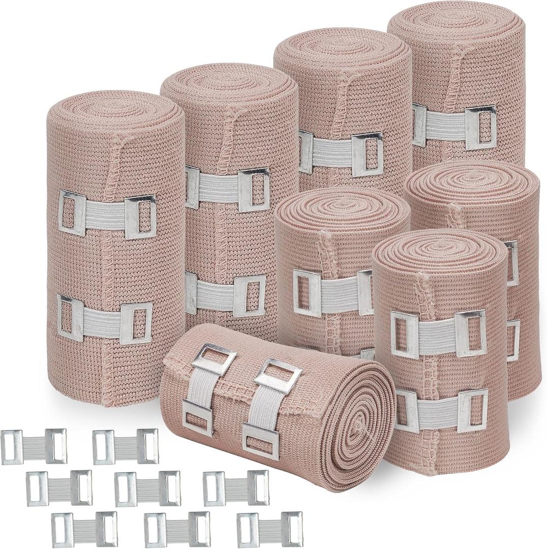 D&H Medical Elastic Bandage Wrap 8 Pack Premium Compression Bandage Rolls + 8 Extra Clips | 4 Rolls of Each Size (4 Inch x 5 Feet & 3 Inch x 5 Feet), Elastic Bandage for Wrist, Calf, Ankle & Foot