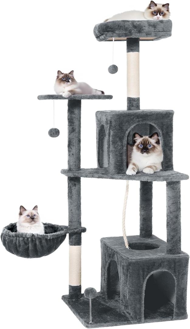 54 Inch Multi-Level Cat Tree Tower with Hammock, Condos & Scratching Posts, Large Cat Furniture for Indoor Cats with Pompoms, Dark Grey