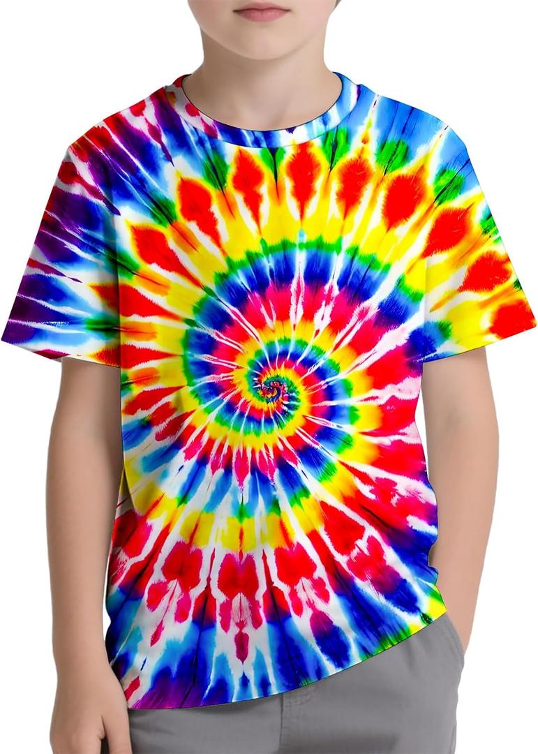 DMPROD Kids Neon Rainbow Tie Dye Shirt Size 17-18 Years Children Hippies Senior Short Sleeve Tees Tie-Dye T Shirt for Boys Girls