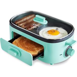 GreenLife 3-in-1 Breakfast Maker Station, Healthy Ceramic Nonstick Dual Griddles for Eggs Meat Sausage Bacon Pancakes and Breakfast Sandwiches, 2 Slice Toast Drawer, Easy-to-use Timer, Turquoise