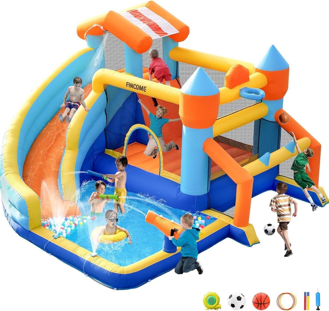 FINCOME Bounce House, Inflatable Bounce House with Water Slide for Kids Indoor & Outdoor, Bouncy Castle with Football Frame, Water Cannon, Basketball Hoop & Ring Toss, Water Slides for Kids Backyard, 12.1 ft x 11.7 ft x 7.5 ft