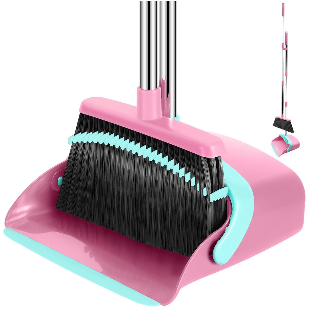 NACENA Broom and Dustpan Set, 52-in Long Adjustable Handle Broom Dustpan Combo with Dustpan Teeth to Automatically Clean Hair Suitable for Home Kitchen Office Hall Floor (Pink&Blue), 4 Pack