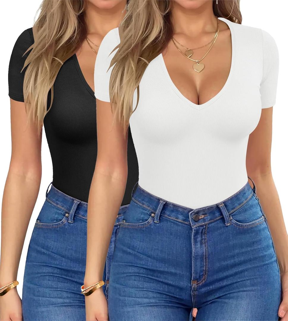HOTOUCH Deep V Neck Tops for Women Sexy Low Cut Summer Ribbed Knit T Shirts Slim Fit Stretchy Basic Fashion Tee (Large, 2 Pack-black/White)