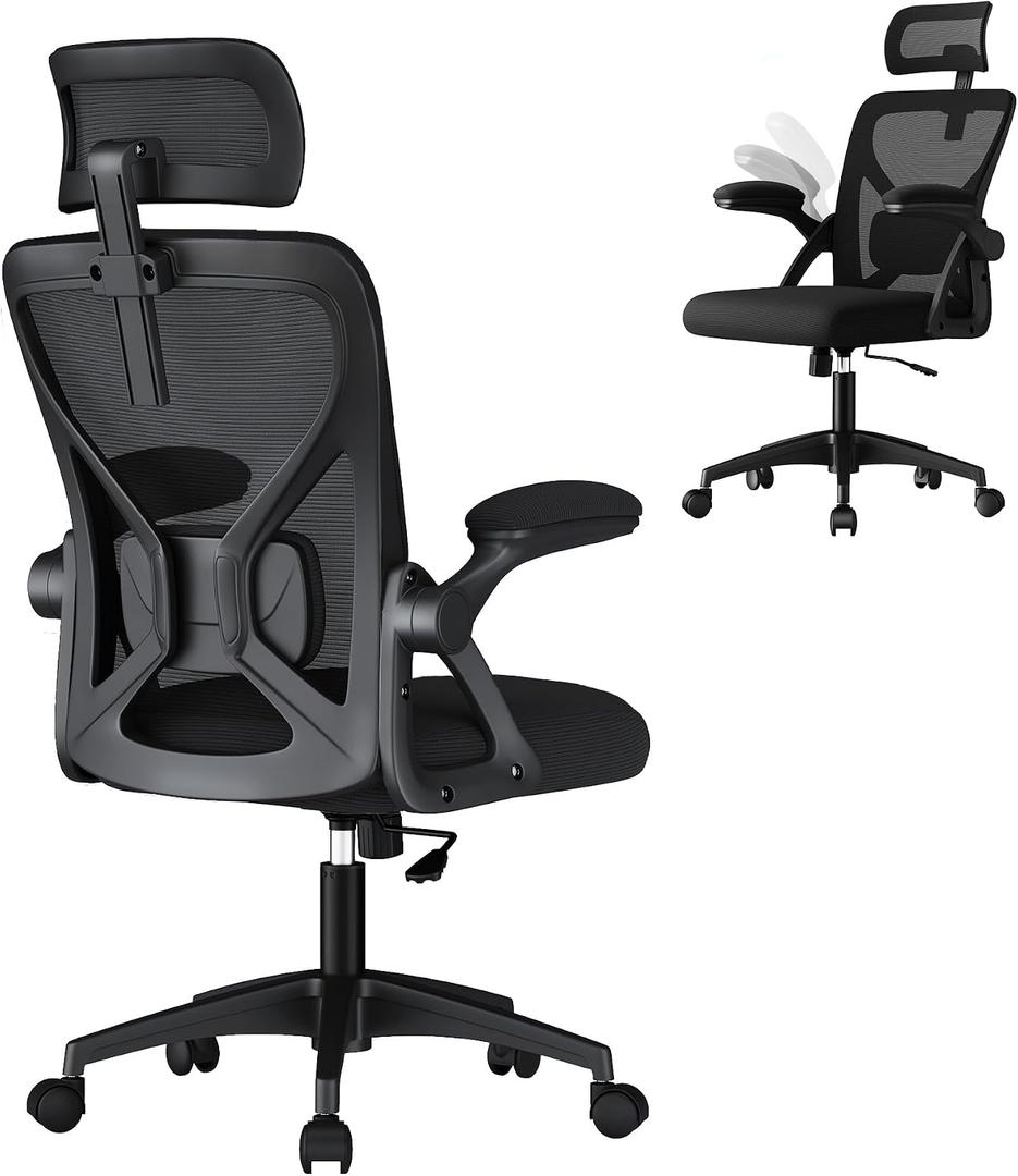 VASAGLE Ergonomic Mesh Office Chair with Adjustable Lumbar Support and Headrest, 90-105 Tilt Function, Wide Seat, FlipUp Armrests, Computer Desk Chair for Home Office, Ink Black 