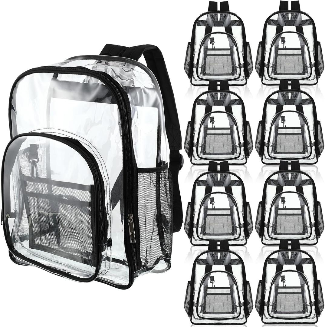 Sanwuta 8 Pcs 17 Inch Clear Backpack Bulk for Students, Heavy Duty PVC Transparent Backpack Stadium Approved Bookbag (Black)