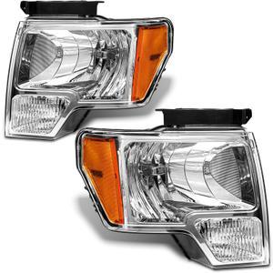 Headlight Assembly Compatible with 2009-2014 Ford F150 OE Style Pickup Chrome Housing Amber Reflector Headlamp Driver and Passenger Side (ONLY for halogen models)