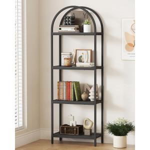 Yusong Bookshelf 4 Tier Arched Bookcase, 71.3" Tall Industrial Open Book Shelves for Living Room, Modern Freestanding Display Shelving Unit Storage Rack with Metal Frame, Office, Bedroom, Black, 4 Tier Non-LED Arched