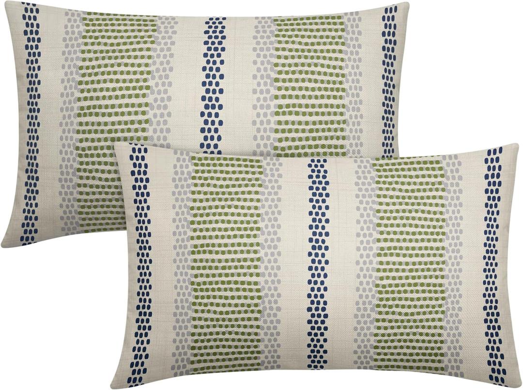 Navy Blue Lime Green Pillow Covers 12x20 Set of 2 Grey Dot Print Striped Lumbar Rectangle Decorative Outdoor Pillowcases Boho Rustic Farmhouse Decorative Throw Cushion Case Decor for Couch Sofa Bed