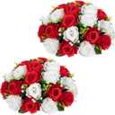 Briful Fake Floral Balls for Centerpieces - 2PCS 11.8" Large Faux Rose Flower Arrangement Silk Flower Bouquet for Home Wedding Party Anniversary Table Vase Flower Stand Decor(Red White)