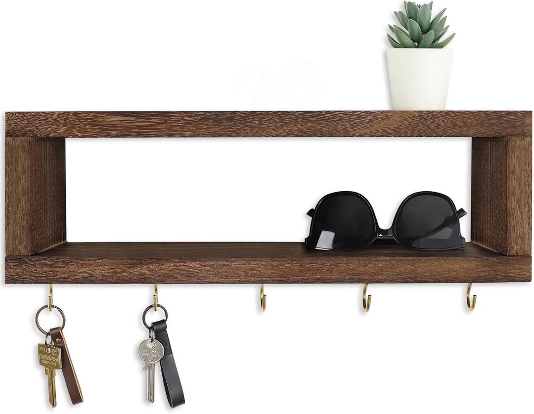 Lwenki Wall Shelf with Hooks  Decorative Key and Wallet Holder for Wall Holds Sunglasses, Leashes, Scarves and Lanyards  15.7" x 5.1" x 2.9" Entryway Organizer Made of Paulownia Wood (Brown)