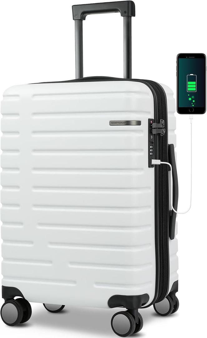 EMPSIGN Carry On Luggage with Spinner Wheels, Hard Shell Carry-On Expandable Suitcase 21x14x9 Airline Approved & Built-in TSA Lock, Durable Travel Rolling Suitcase, Carry-On 20-Inch, White
