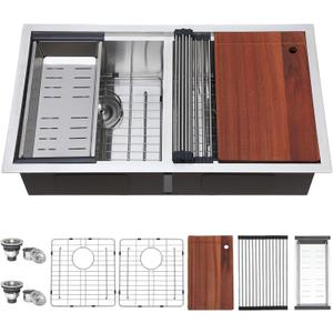 COMLLEN 33 Inch Double Bowl Undermount Kitchen Sink,33x19 Inch Workstation 16 Gauge Stainless Steel Double Kitchen Sinks with Cutting Board,9 Inch Deep Sink Maximizes Space Efficiency (Brushed Nickel)