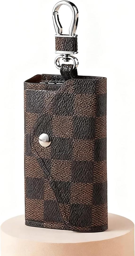 Checkerboard Wallet With Key Ring Car Keys Chain Card Holder Wallet Pouch 6 Hook Snap Closure Money Organizer Case