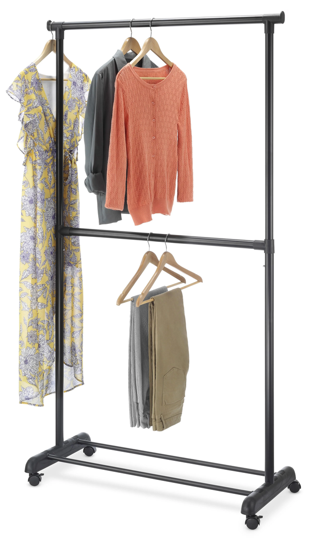 Whitmor Adjustable 2-Rod Garment Rack - Rolling Clothes Organizer - Black