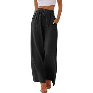 LILLUSORY Women's Linen Summer Palazzo Pants Flowy Wide Leg Beach Pants with Pockets (Black) S