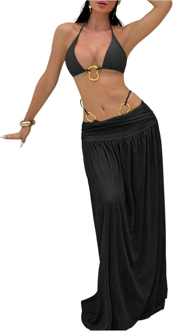 Milumia Women's 3 Piece Swimsuits Metal Decor Tie Neck Highwaisted Bikini Set with Cover Up Long Dress (Large, Black)