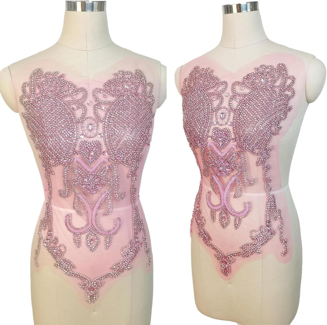 Handmade Beaded Crystal Patches Bodice Lace DIY Applique Trim Patches for Dress Clothes (M2-Pink)