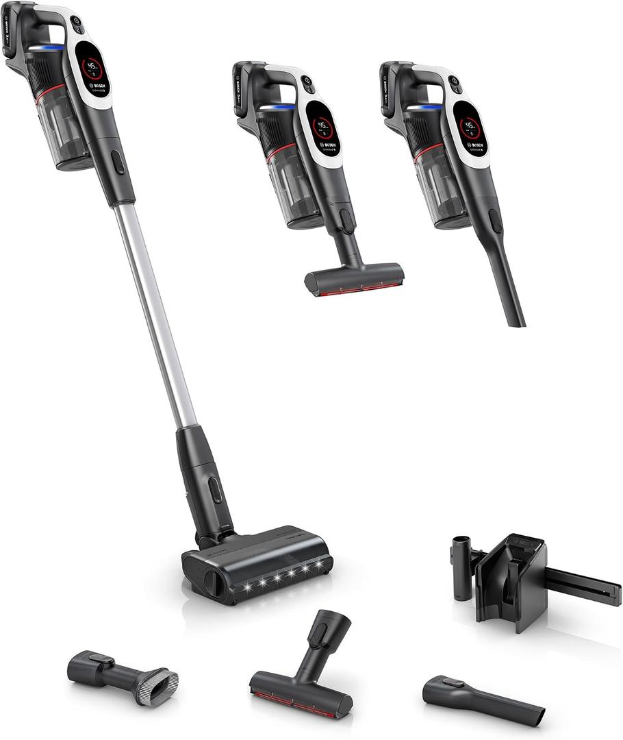 Bosch Unlimited 9 Cordless Stick Vacuum Cleaner - Up to 60 Min Battery, Multi-Surface, Vacuums Pet Hair, Hard Floors and Carpets, HEPA Filter, MicroClean Brush, 3 Accessories, White