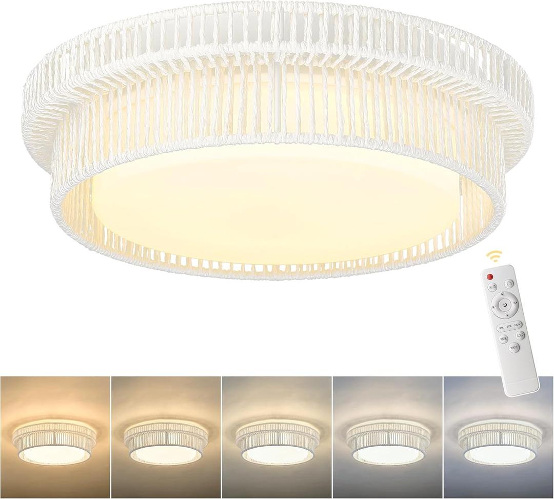 Rattan Light Fixtures Ceiling Mount, HWH 18'' 36W LED Boho Flush Mount Ceiling Light, White Woven Twine Ceiling Light Wicker Light Fixture Remote Control for Bedroom Schoolhouse, 5HYS78LF-LED WH