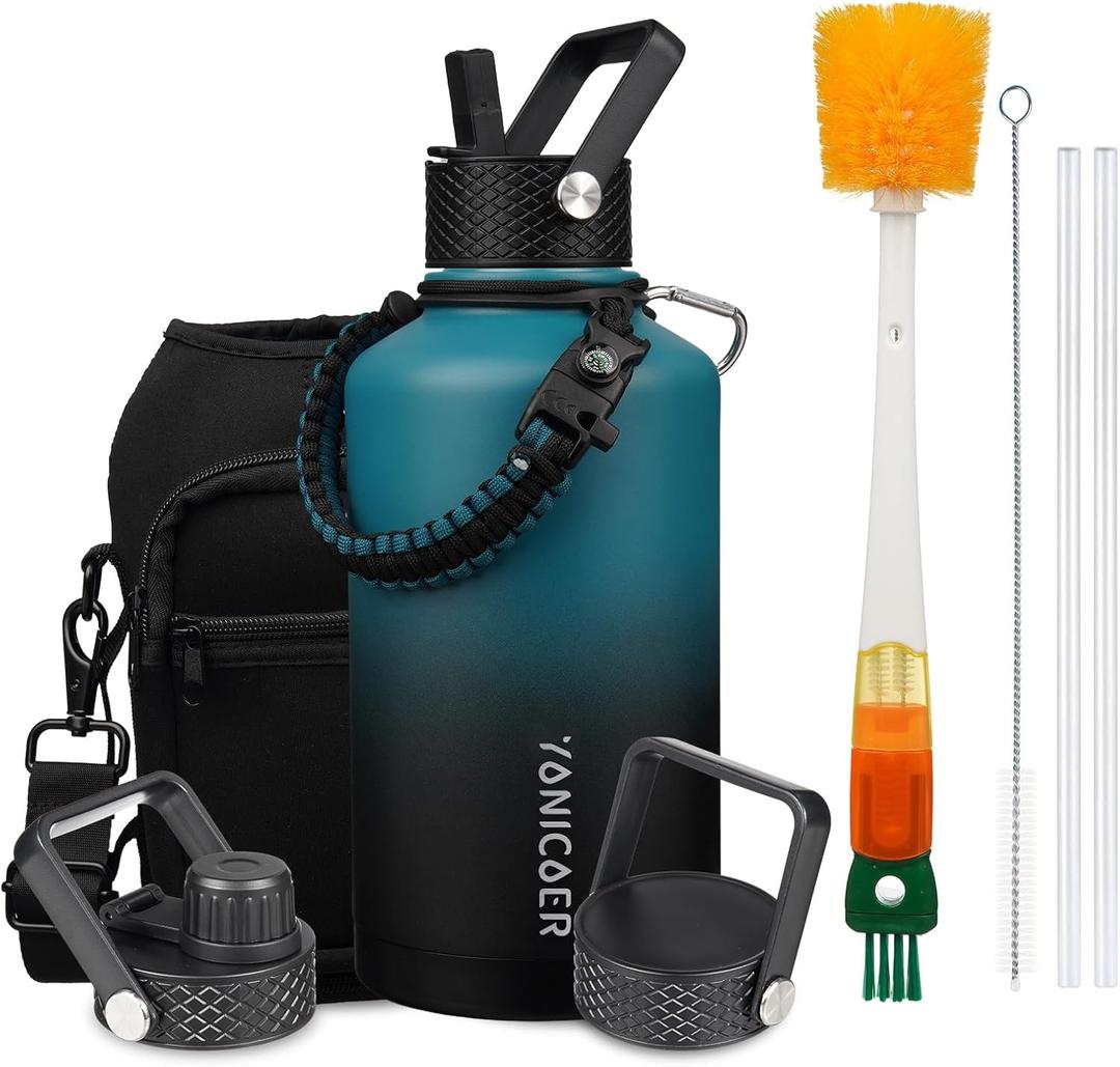 Insulated Water Bottle 64oz,Triple Wall Vacuum Stainless Steel(Dishwasher Safe),Leak Proof & Non-BPA,Flask Jug with Paracord Handle & Straw Spout Lids Sports Gradient indigo blue/black