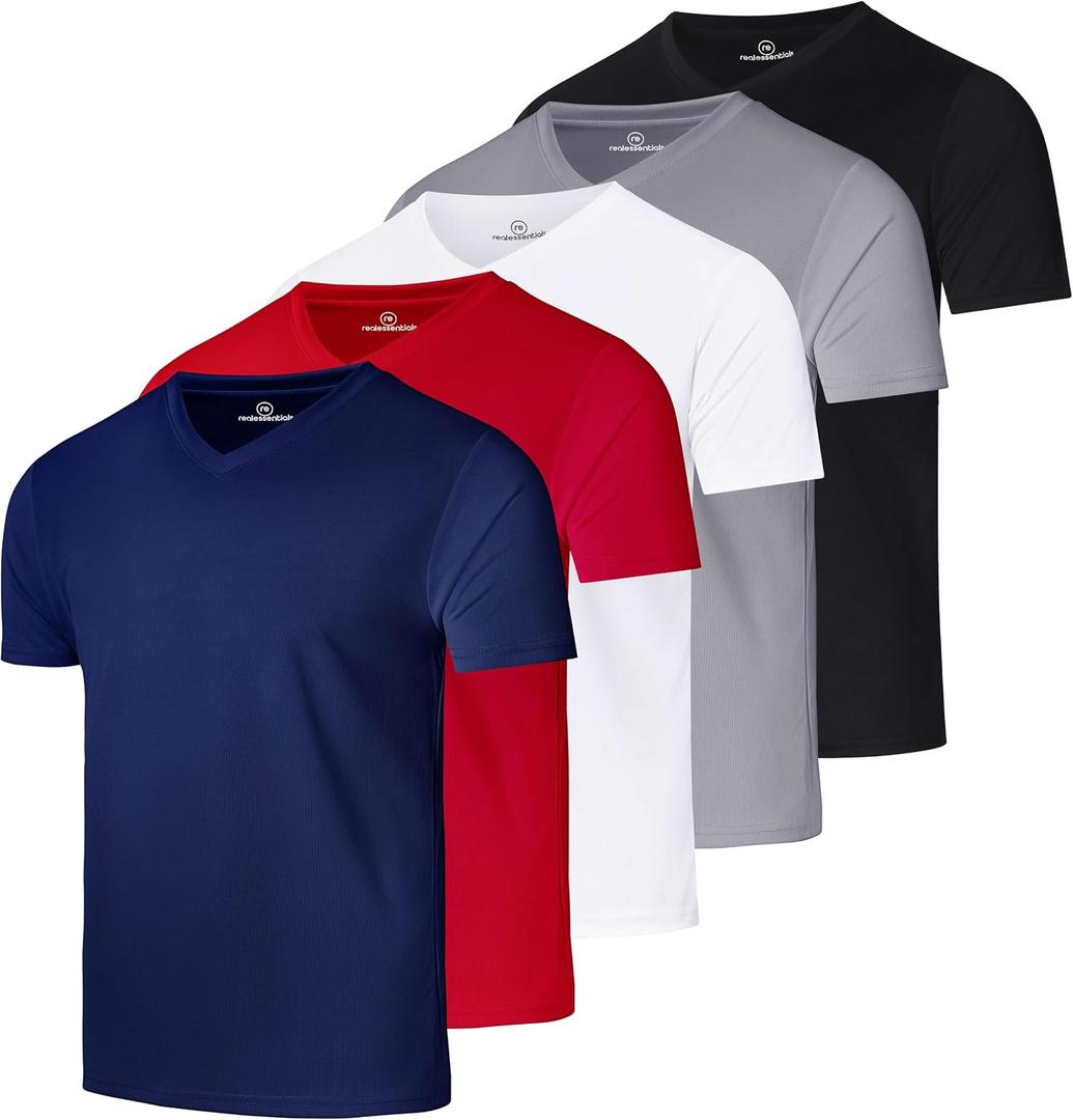 Real Essentials 5 Pack: Men's Mesh Short Sleeve V-Neck T-Shirt | Athletic Dry Fit V Neck Workout Shirt 4X Tall