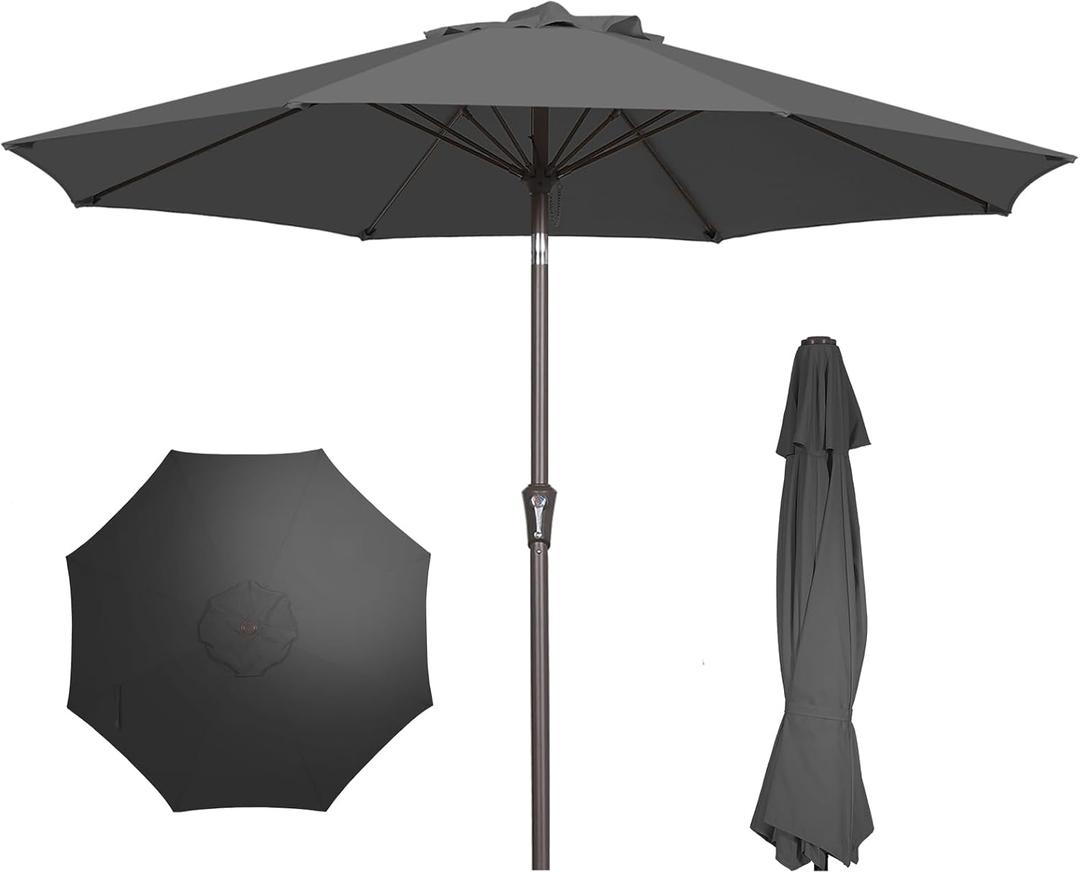 PatioKingdom 9FT Patio Outdoor Umbrella-UPF 50+ Sun Shade with Wind Vent, Push-Button Tilt & Smooth Crank Lift, Rust-Resistant Fiberglass Frame for Garden, Backyard,Yard (Gray)