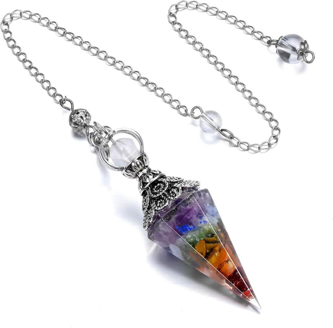 GEHECRST Natural 7 Chakra Healing Crystal Dowsing Pendulum Reiki Gemstone Chips Orgone Pendulum 6 Faceted Hexagonal Pointed Resin Spiritual Pendant for Divination, Wicca, Energy Balancing
