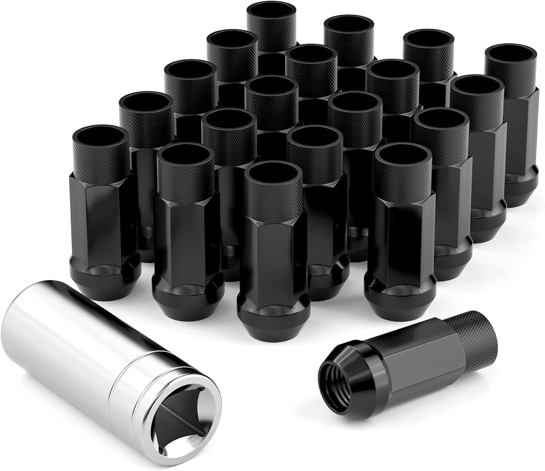 20PCS M12x1.5 Open End Bulge Acorn Black Lug Nuts - 60 Conical Seat - 50mm Height, Lug Nuts for Aftermarket Wheels with 1 Spline Key 20PCS M12x1.5 Open End Bulge Acorn Black Lug Nuts - 60 Conical Seat - 50mm Height, Lug Nuts for Aftermarket Wheels with 1 Spline Key