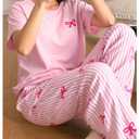 RoseSeek Women's 2 Piece PajamaSet Bow Graphic T Shirts and Striped Wide Leg Pants Pj Ser Soft Sleepwear Multicolor Medium