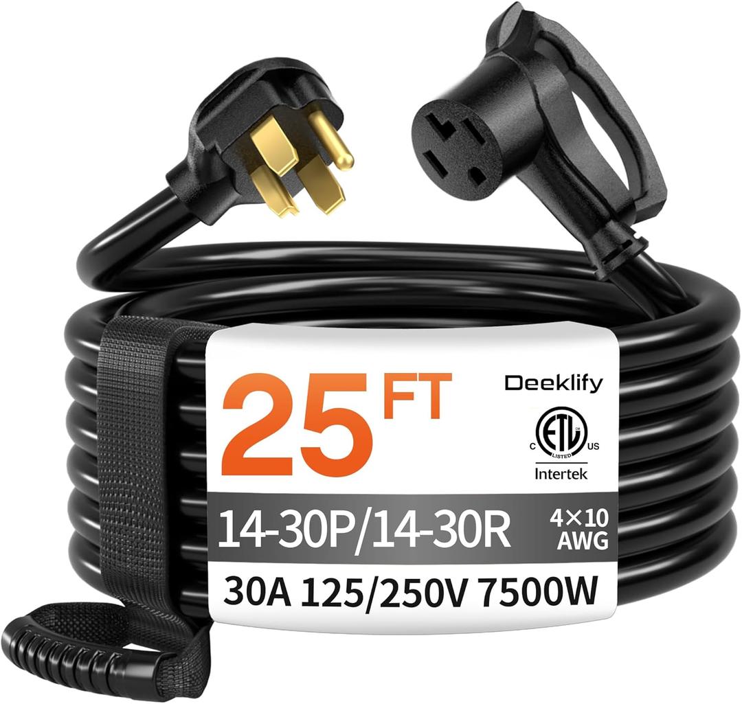 25 FT 4 Prong Dryer Extension Cord Outdoor Black, 30 AMP 10/4 Gauge Heavy Duty, NEMA 14-30P to 14-30R, Waterproof STW Jacket ETL Listed for Dryers & EV Charging