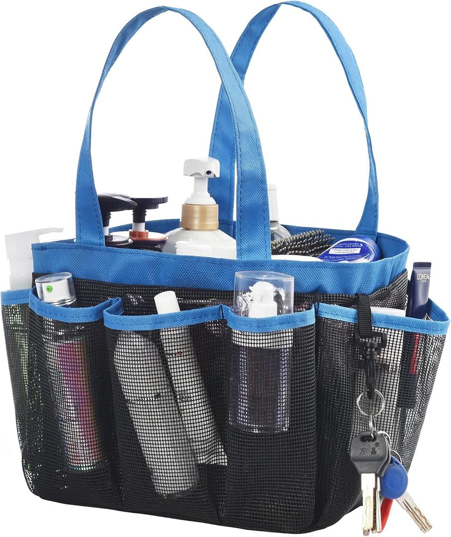 Mesh Shower Caddy Basket, 8 Large Pockets Quick Dry Shower Tote Bag, Portable Bathroom Caddy for College Dorm, Blue